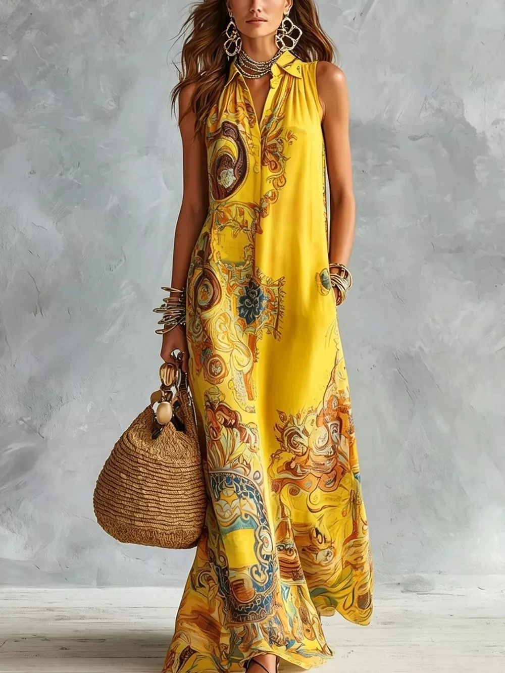 Full Size Bohemian Sleeveless Printed Maxi Shirt Dress Plus Size, image 6