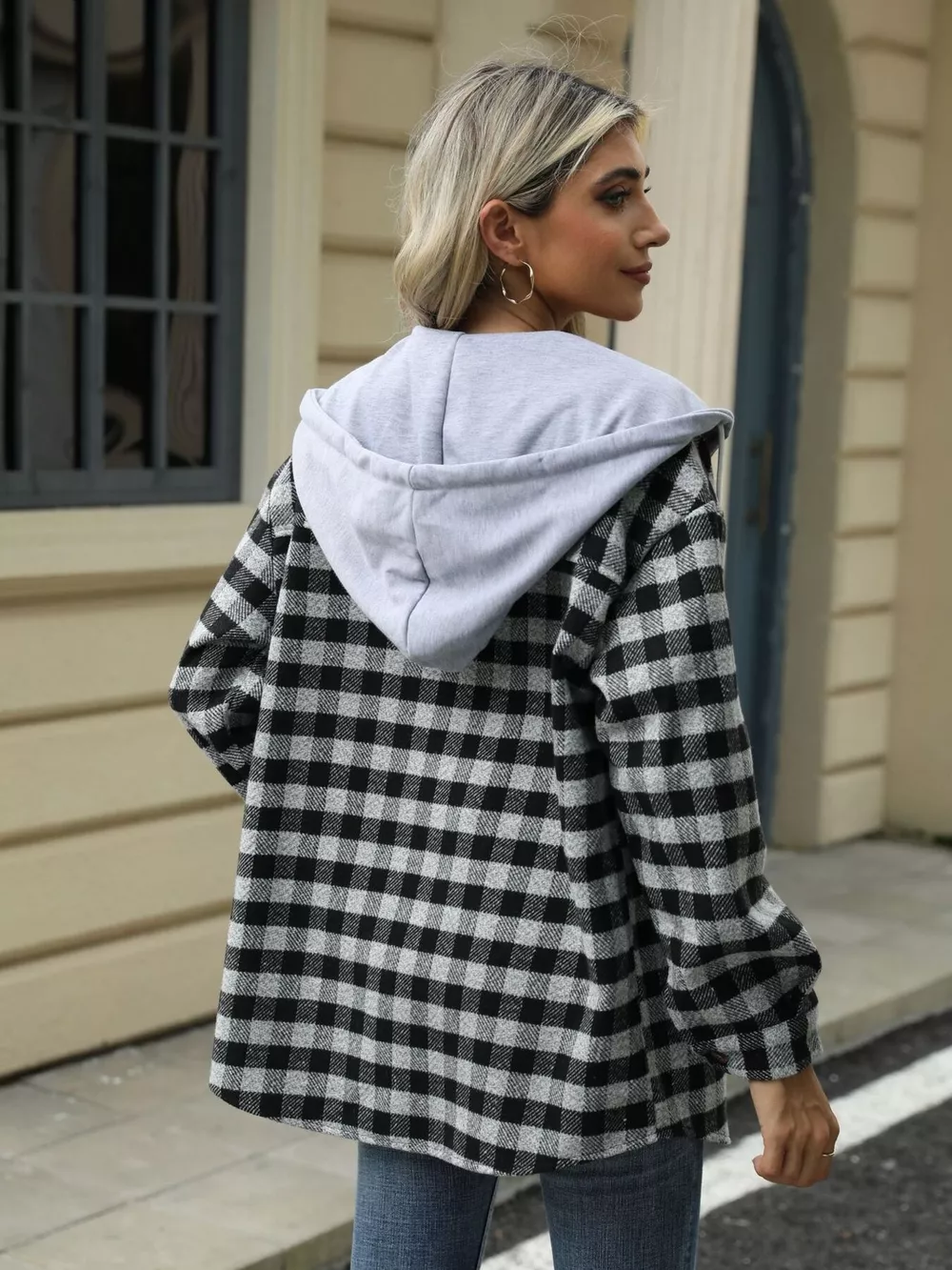 Plaid Button Up Long Sleeve Drawstring Hooded Jacket, image 8