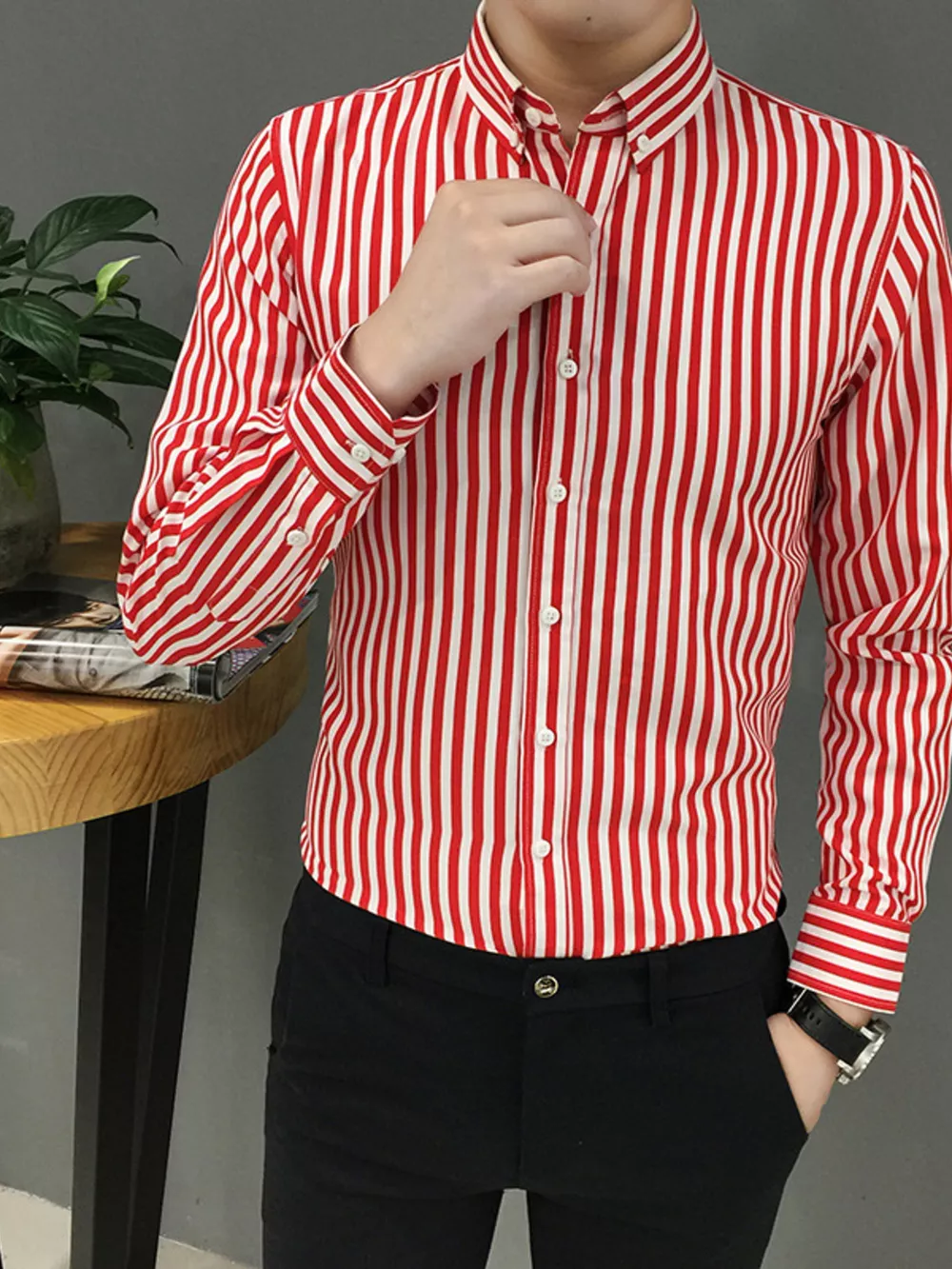 Men's Plus Size Striped Button Up Long Sleeve Shirt, image 3