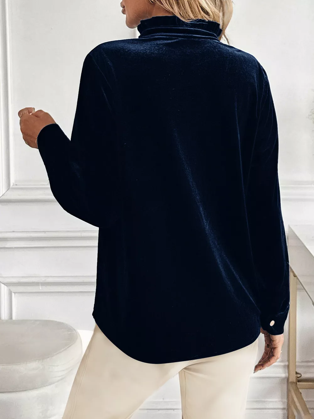 Velvet Button Front Long Sleeve Blouse, image 9