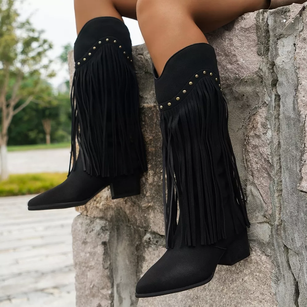 Fringe Point Toe Block Heels Boots, image 7