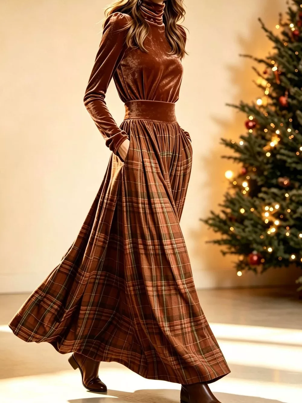 Velvet Turtleneck Top and Plaid Maxi Skirt Two-Piece Set, image 5