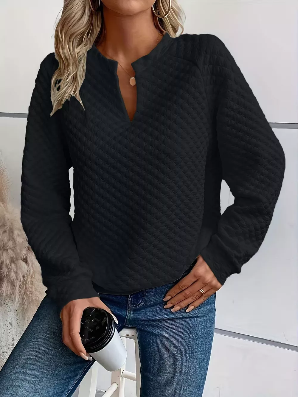 Quilted Texture Long Sleeve Sweatshirt with Notched Neck, image 20