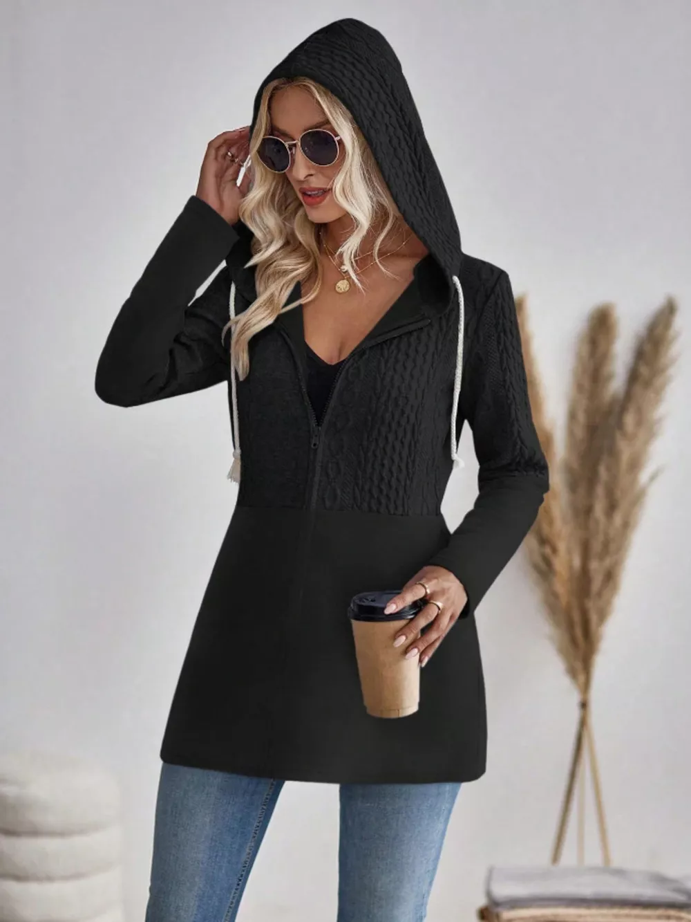 Drawstring Textured Zip Up Drawstring Hooded Jacket, image 8