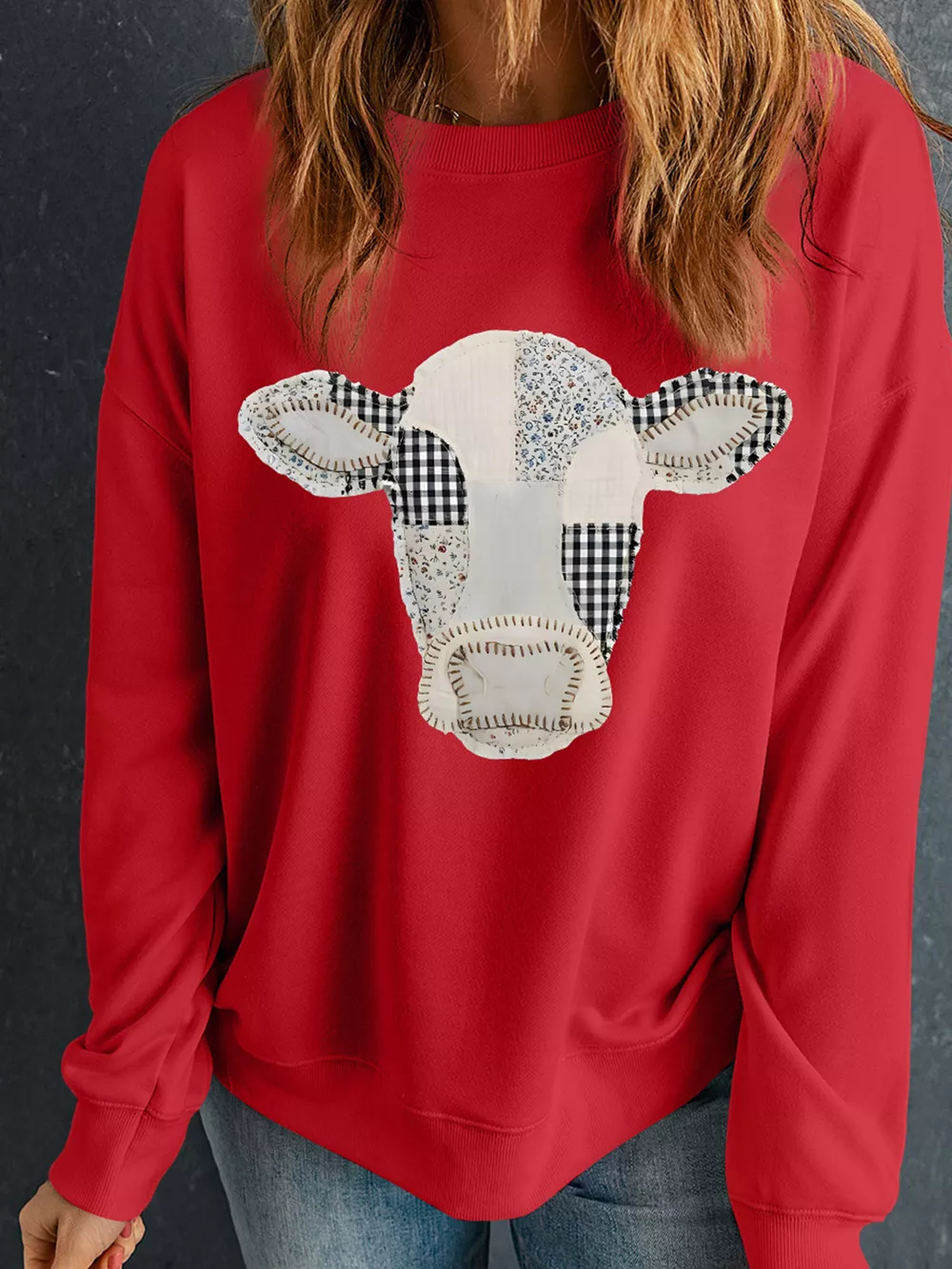 Western Patchwork Cow Drop Shoulder Sweatshirt, image 2