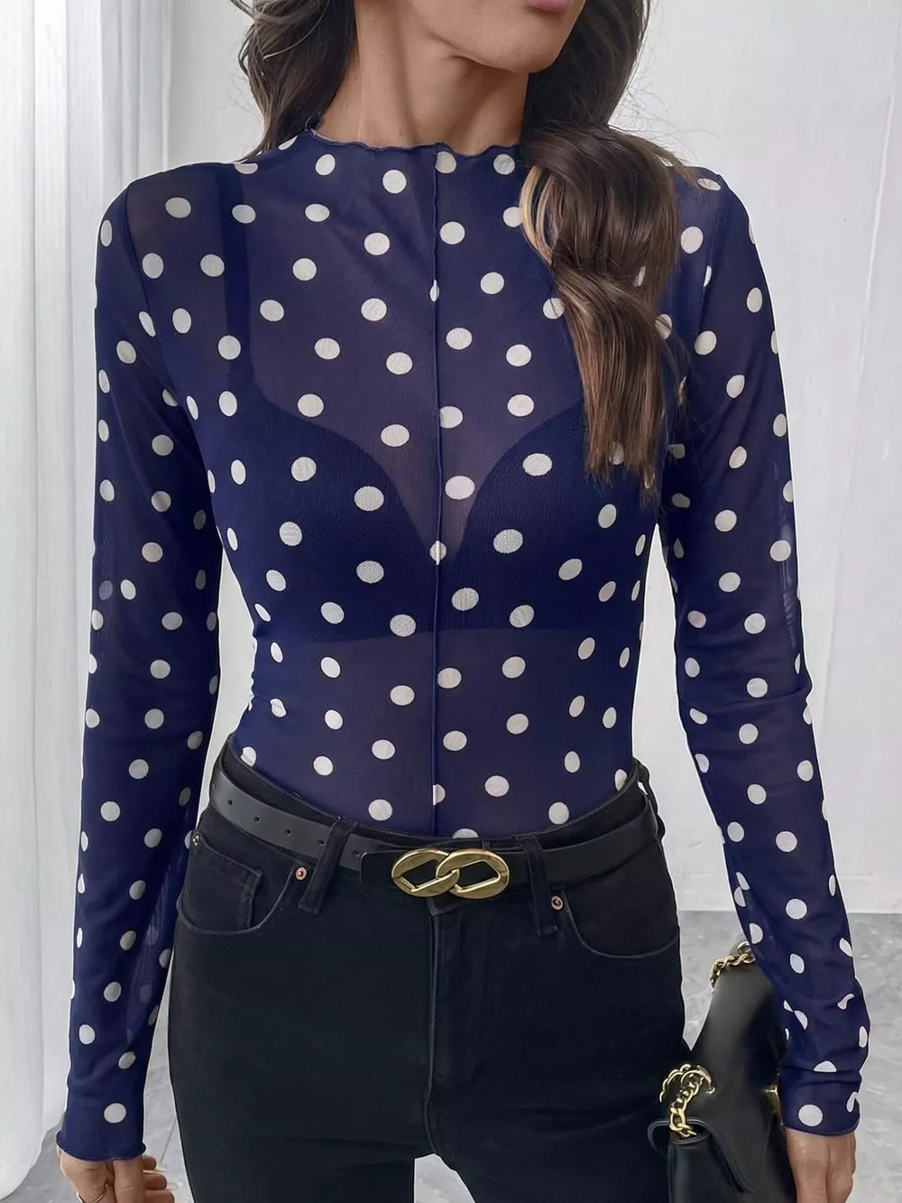Sheer Polka Dot Long Sleeve Mock Neck Top, image 13