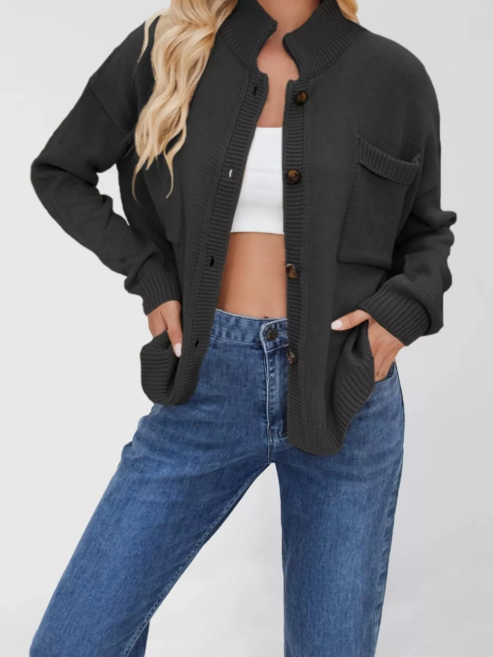 Button Up Dropped Shoulder Cardigan, image 3