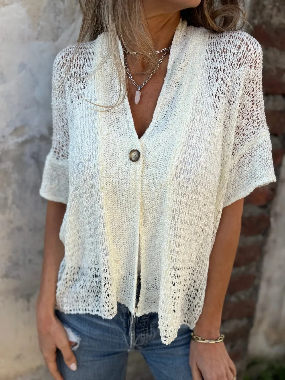 Full Size One Button Half Sleeve Cardigan Plus Size, image 14