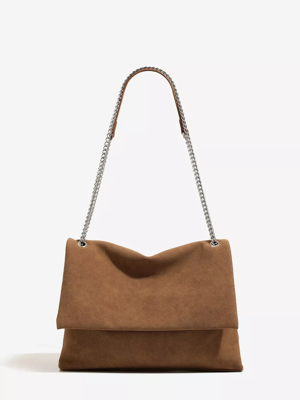 Suede Shoulder Bag with Metallic Chain Strap