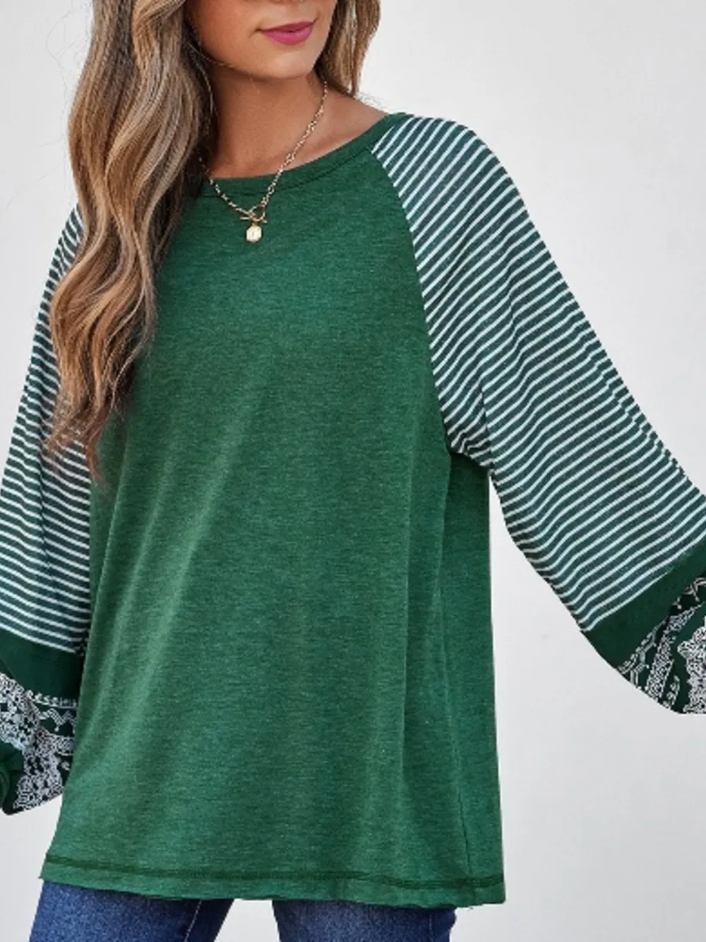 Contrast Print Striped Raglan Long Sleeve Loose Top, image 16