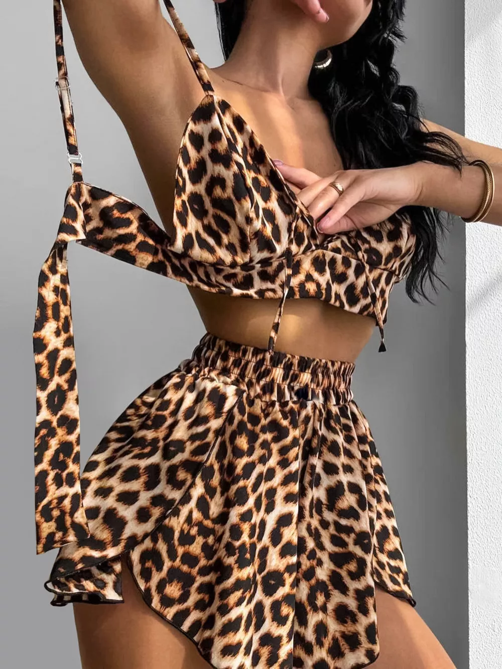 Leopard Cami & Cardigan and Shorts Three-Piece Lounge Set, image 2