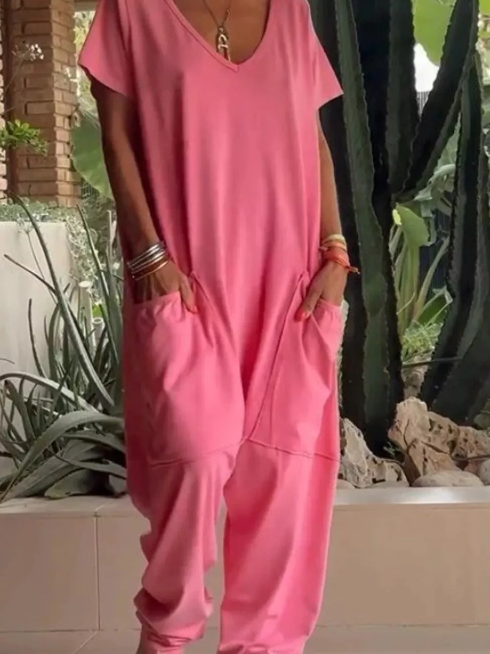Full Size Loose Fit V-Neck Short Sleeve Wide Leg Jumpsuit Plus Size, image 11