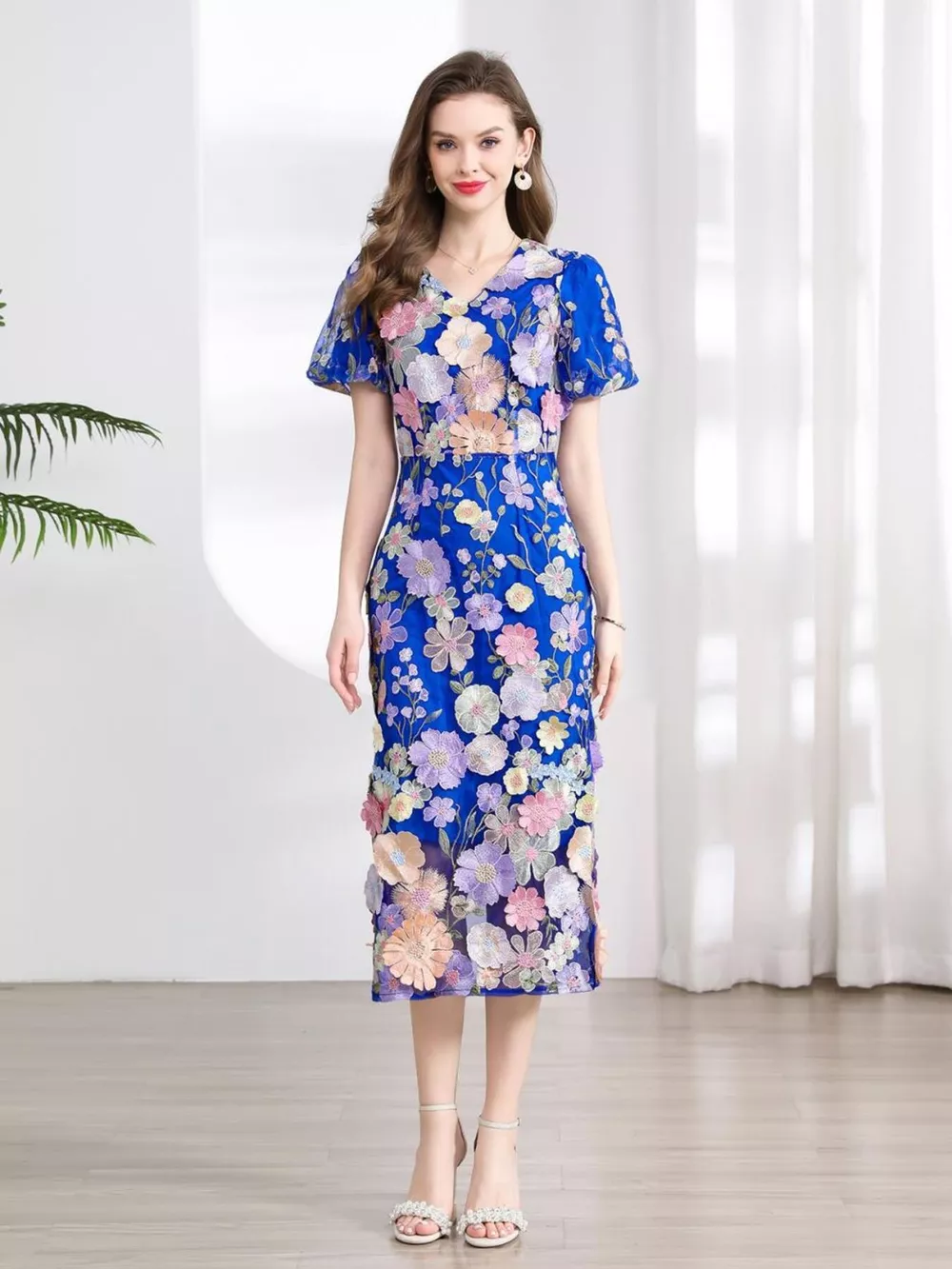 Floral Embroidered Puff Sleeve Midi Dress, image 18