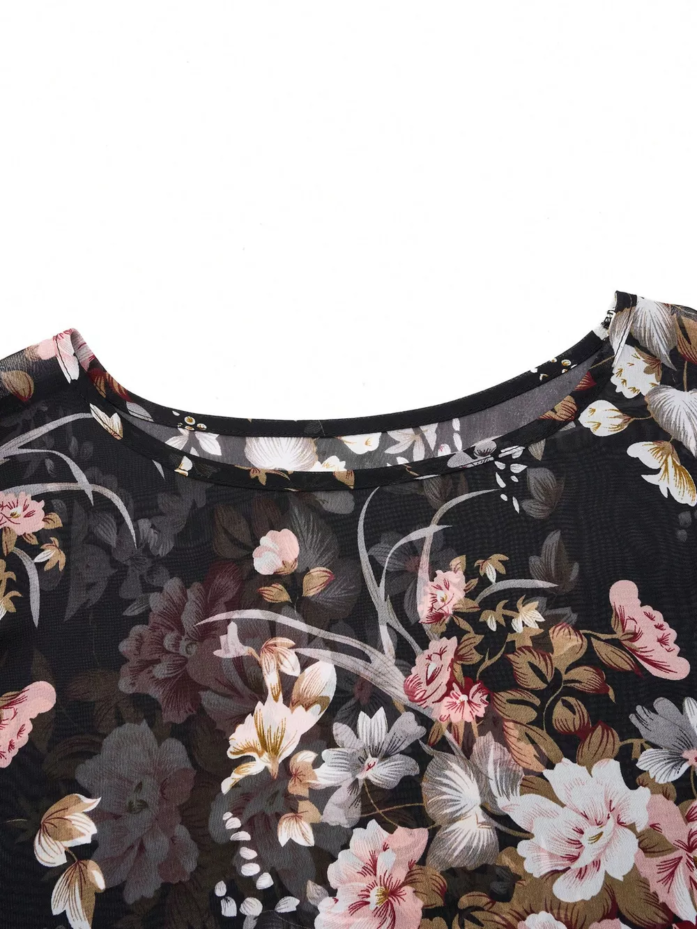 Sheer Floral Print Round Neck Blouse, image 4