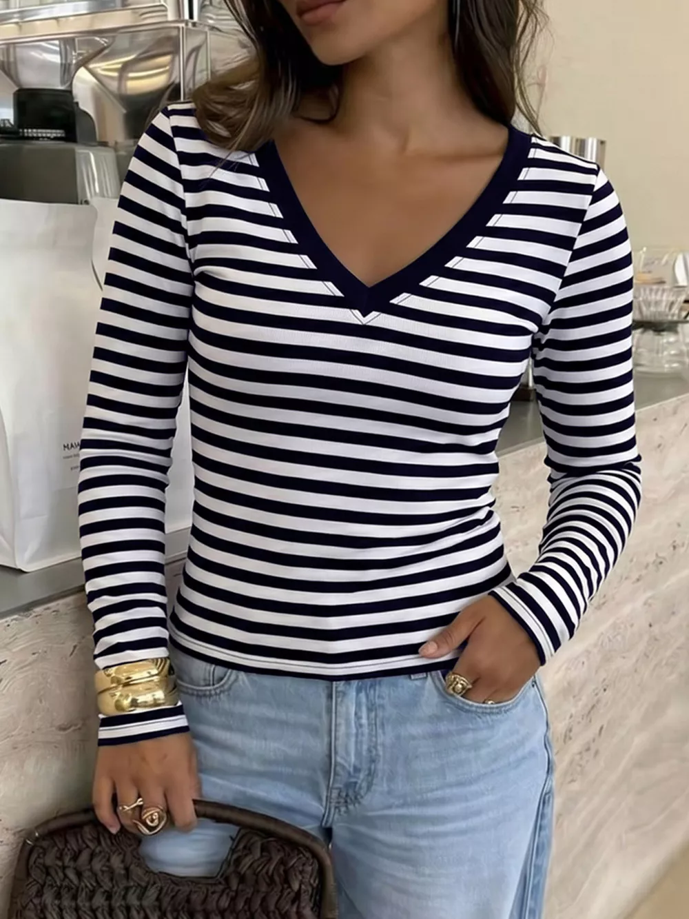 Striped V-Neck Long Sleeve T-Shirt, image 2
