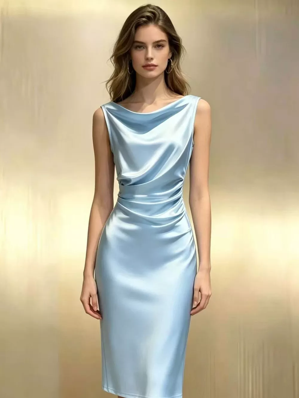 Satin Cowl Neck Ruched Sleeveless Dress, image 2