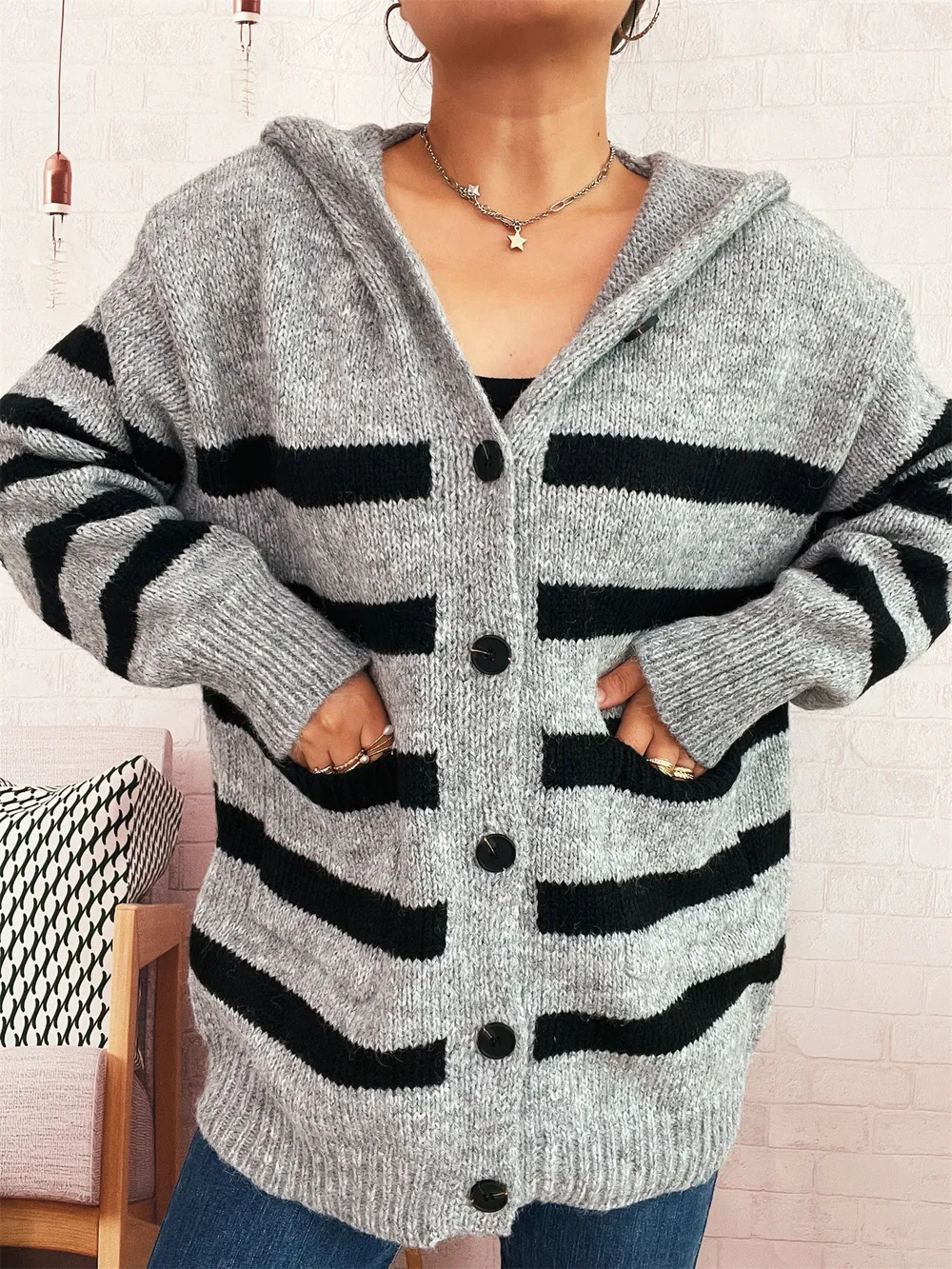 Striped Button-Up Hooded Cardigan, image 17