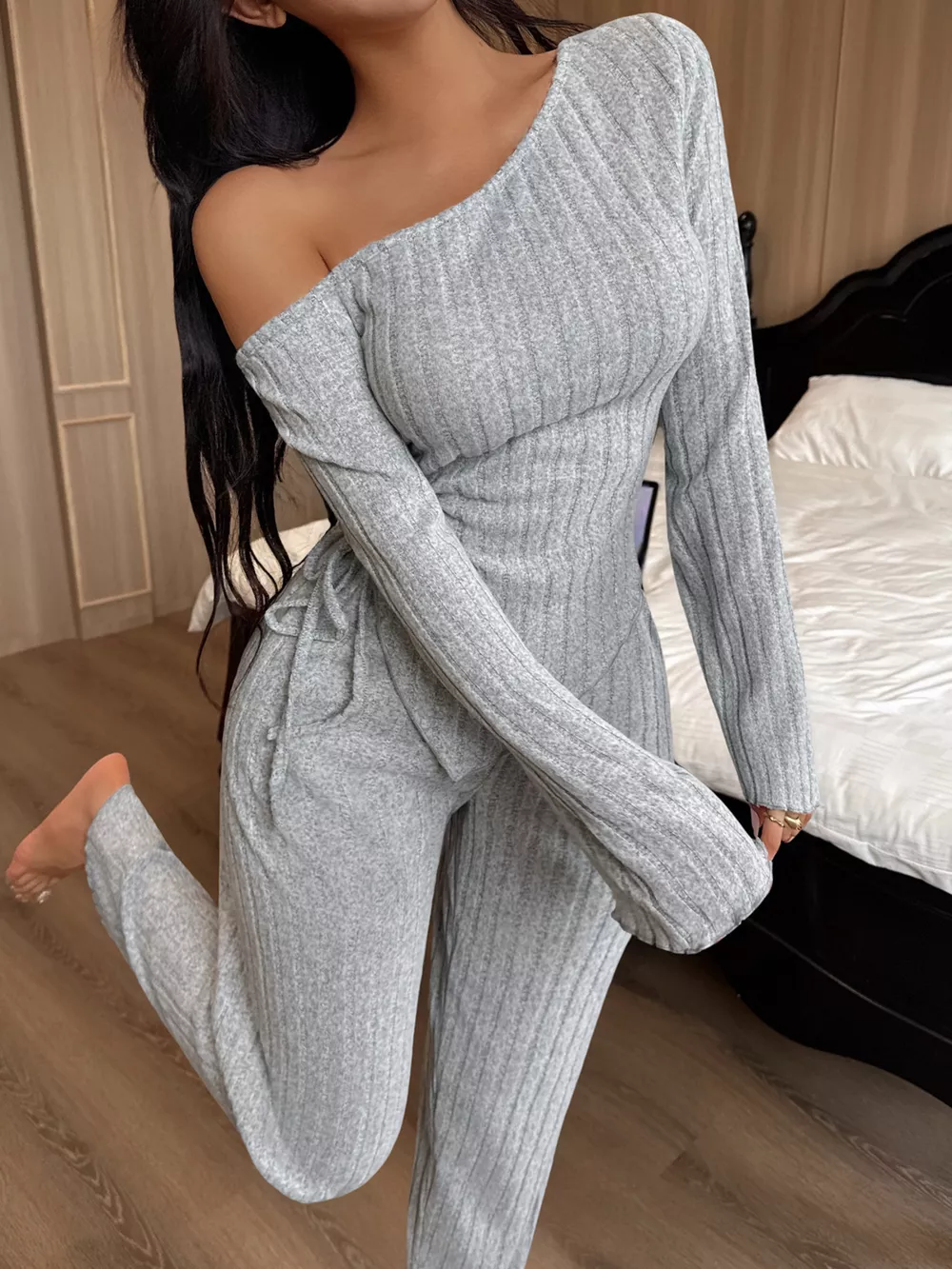 One-Shoulder Ribbed Knit Top and Pants Set, image 6