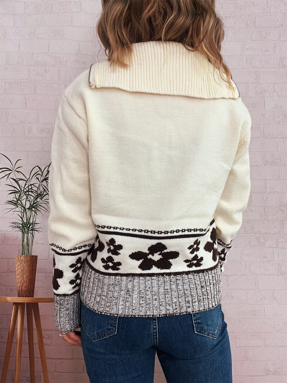 Flower Zip Collar Long Sleeve Sweater, image 6