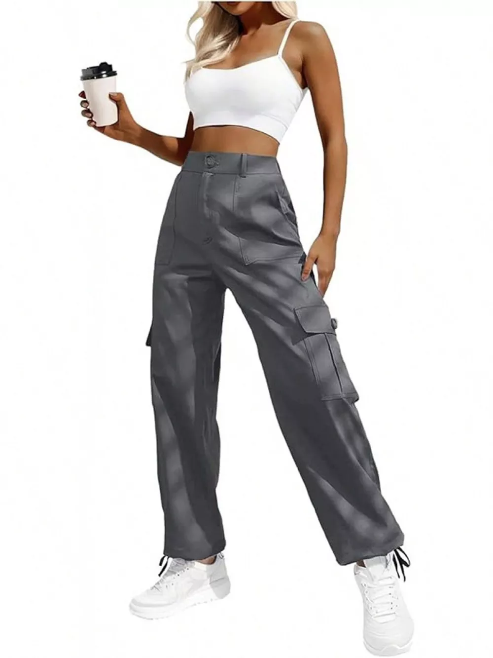High-Waisted Cargo Pants with Drawstring Cuffs, image 7