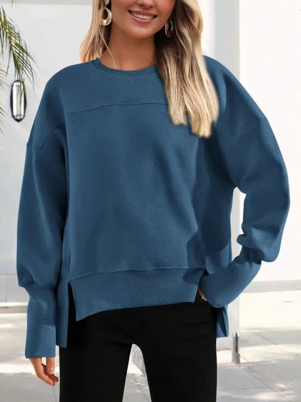 Slit Round Neck Dropped Shoulder Sweatshirt, image 8