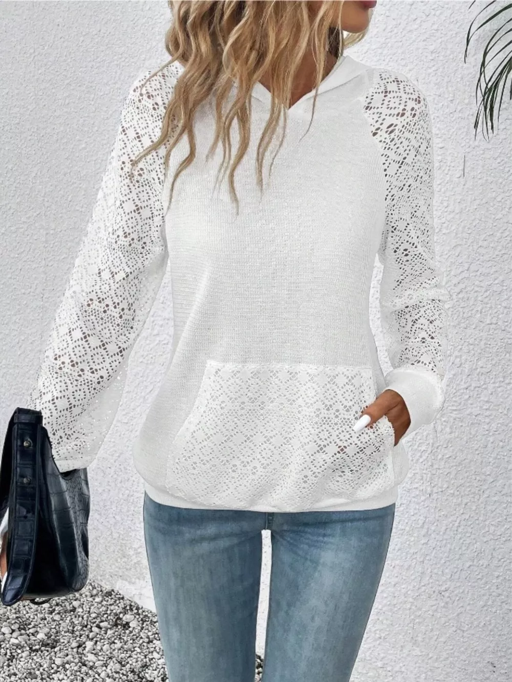 Lace Sleeve Kangaroo Pocket Hoodie, image 6