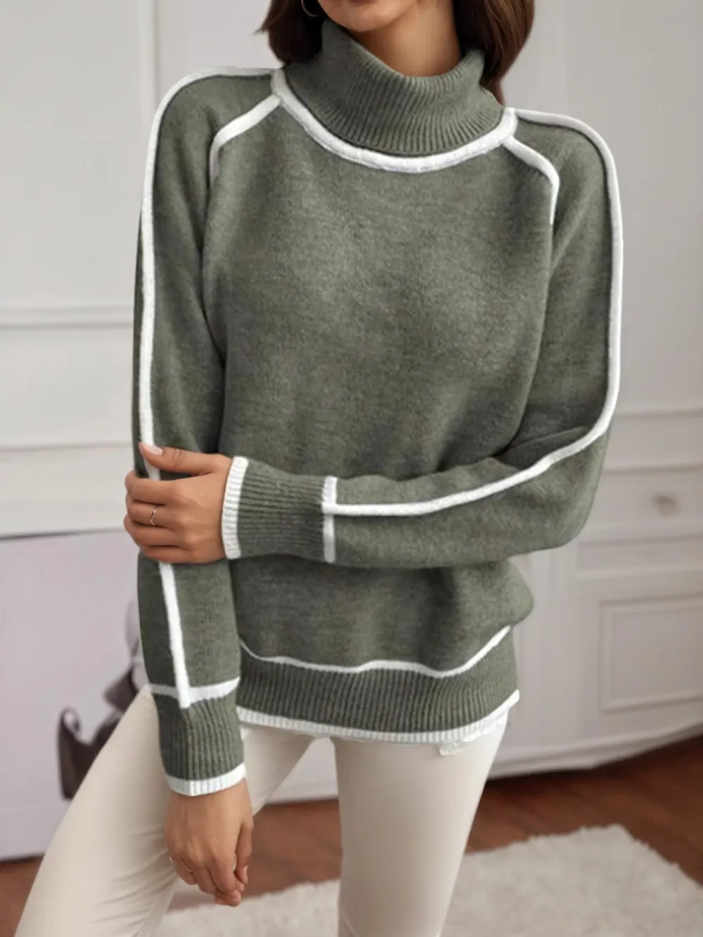 Turtleneck Contrast Trim Sweater with Ribbed Details, image 7