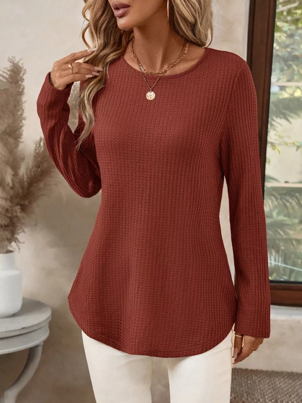 Plus Size Casual Waffle Knit Long Sleeve T-Shirt, image 12