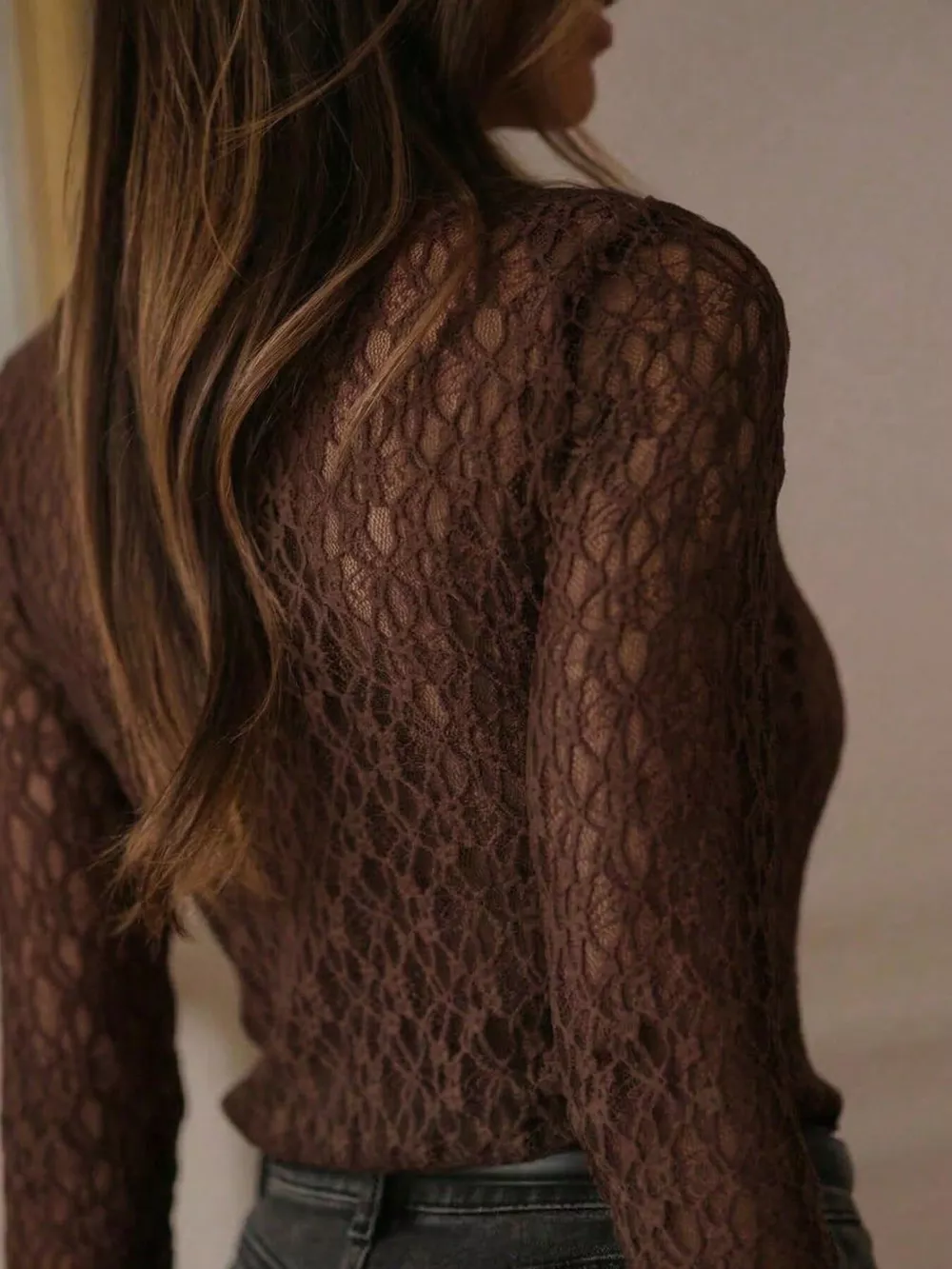 Mock Neck Sheer Lace Long Sleeve Top, image 17