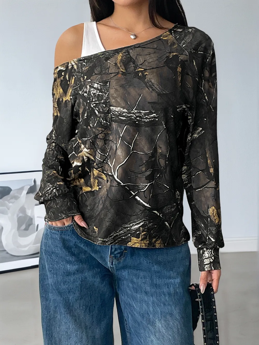 Asymmetrical Neck Printed Long Sleeve Top, image 5