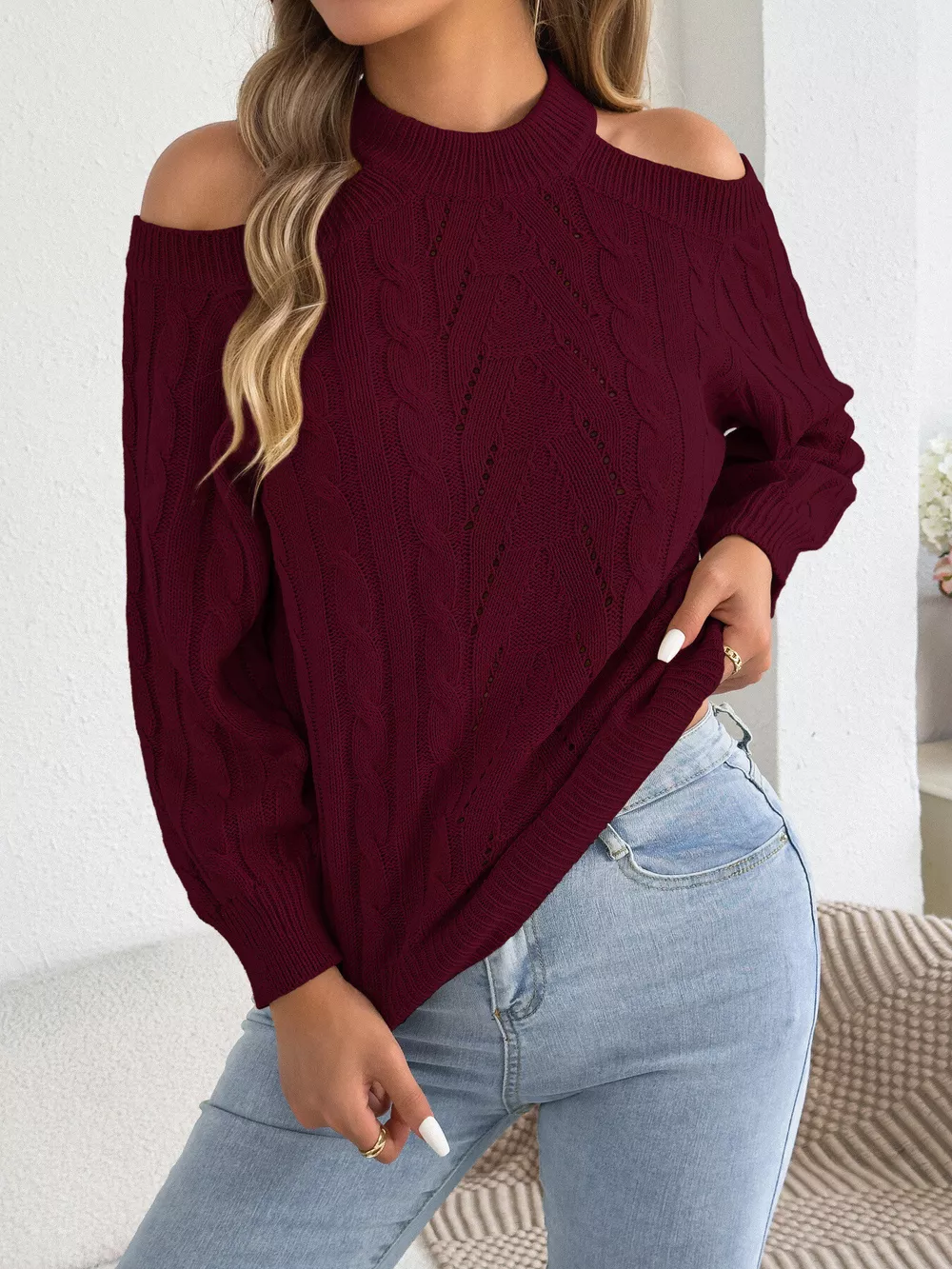 Cold Shoulder Cable Knit Sweater, image 16