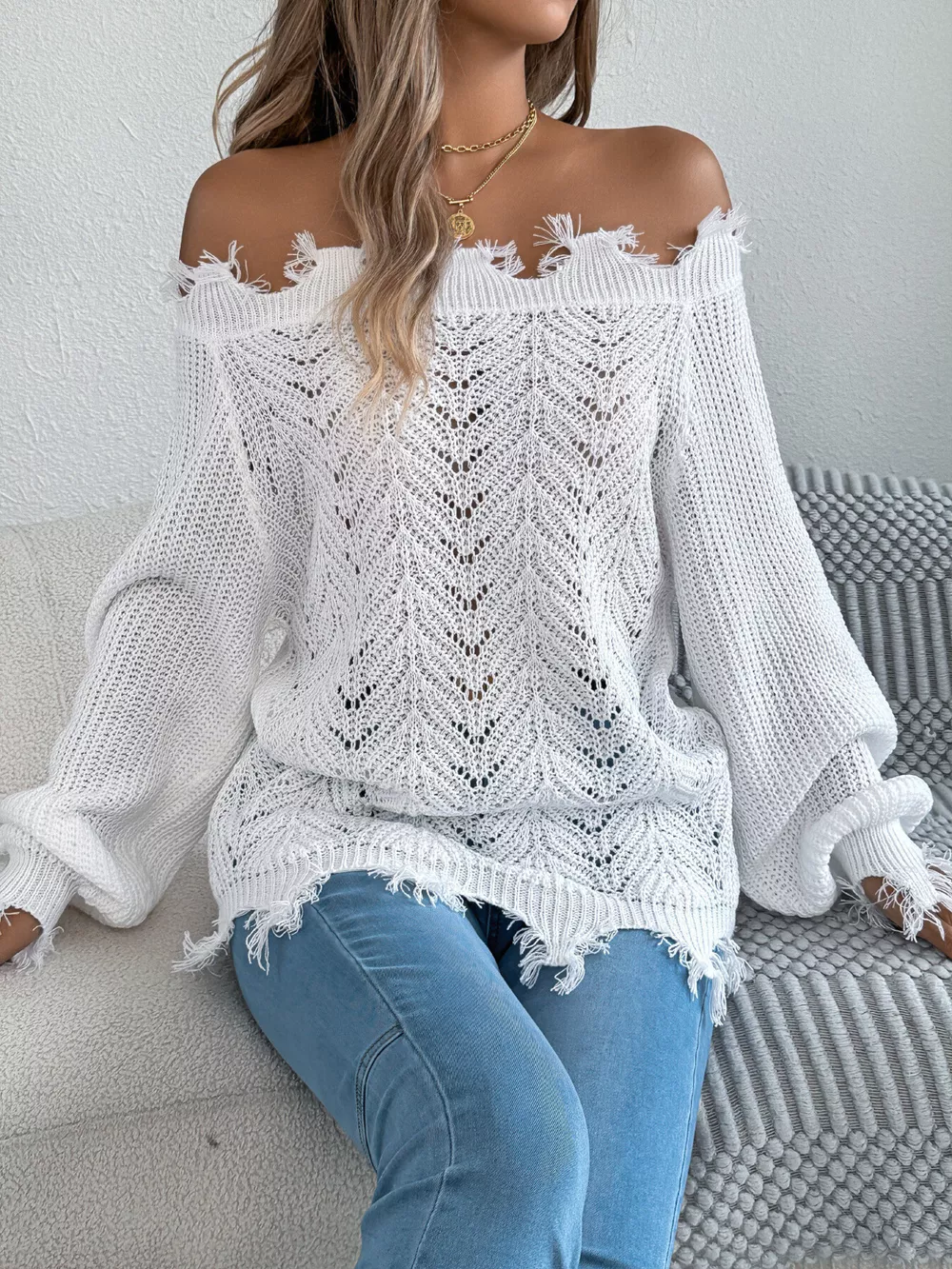 Distressed Hem Openwork Off-Shoulder Sweater, image 13