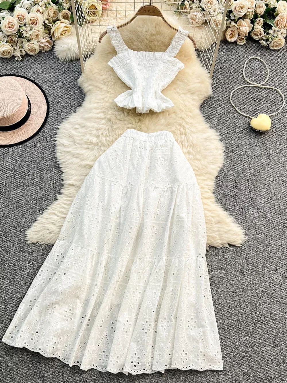 Smocked Crop Top and Hollow-Out Skirt Set, image 13