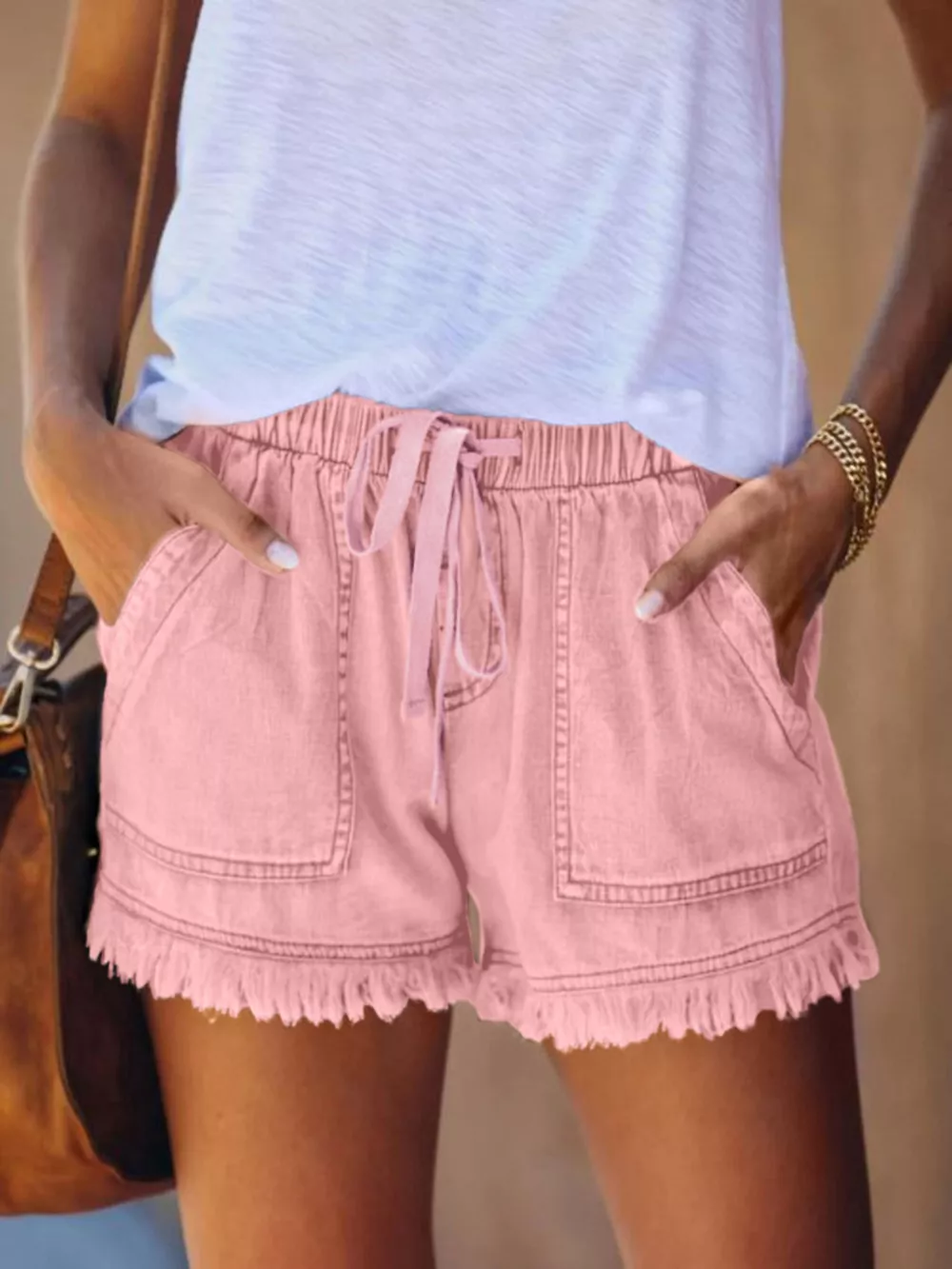 Full Size Drawstring Frayed Hem Denim Shorts Plus Size, image 11