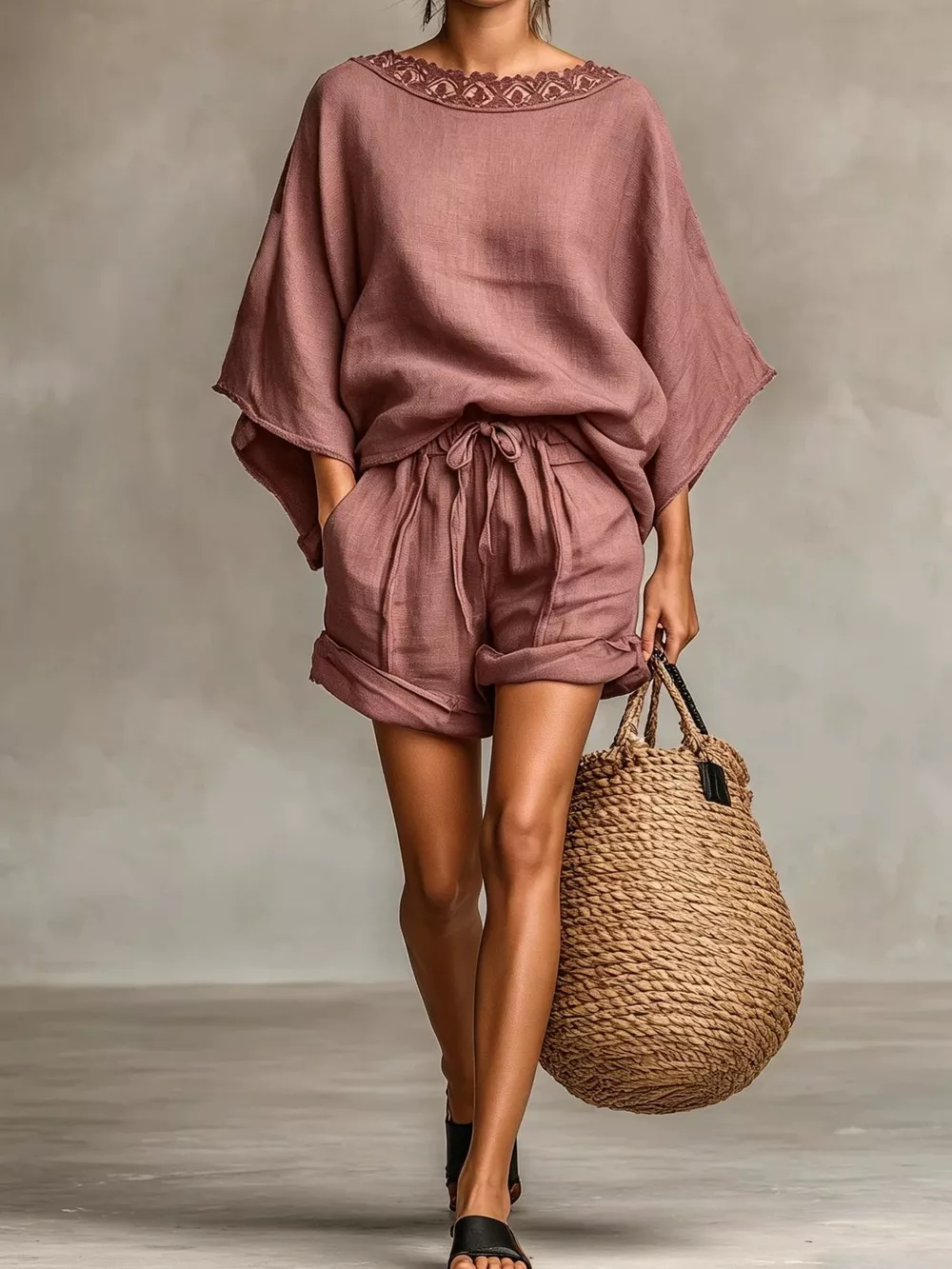Lace Trim Top and Drawstring Shorts Set, image 7