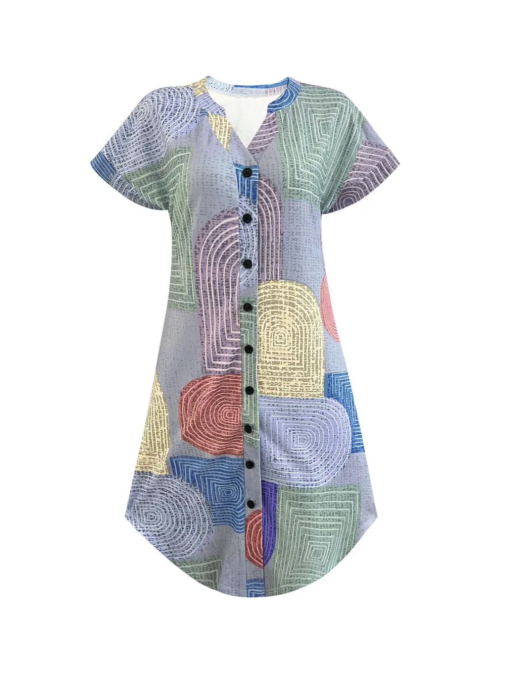 Geometric V-Neck Short Sleeve Button-Front Dress, image 9