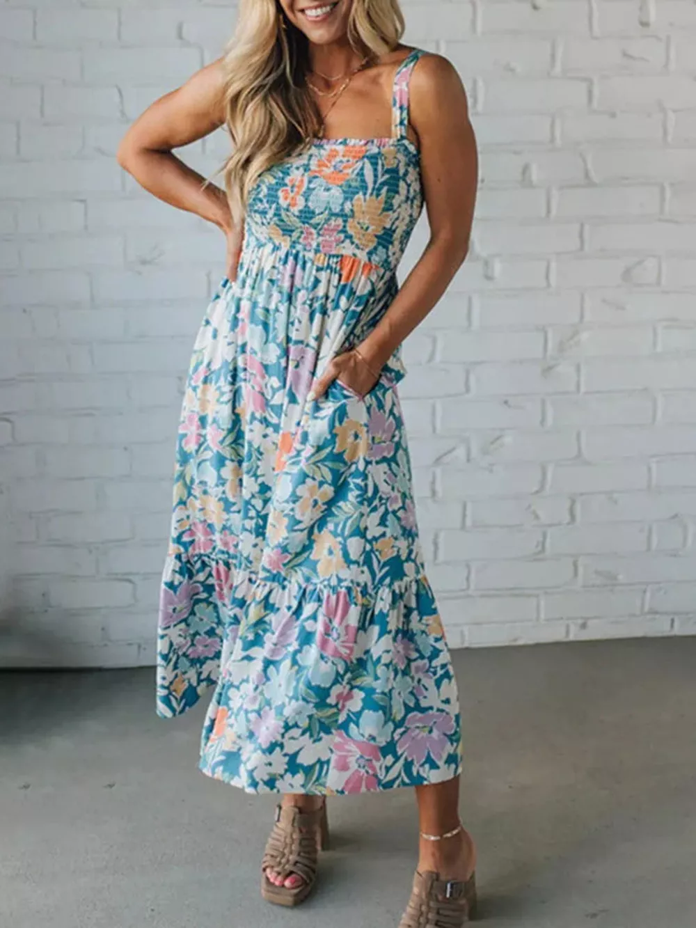 Floral Smocked Square Neck Midi Dress, image 2