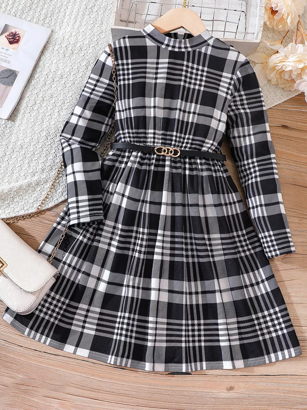 Children's Plaid Print Long Sleeve Dress