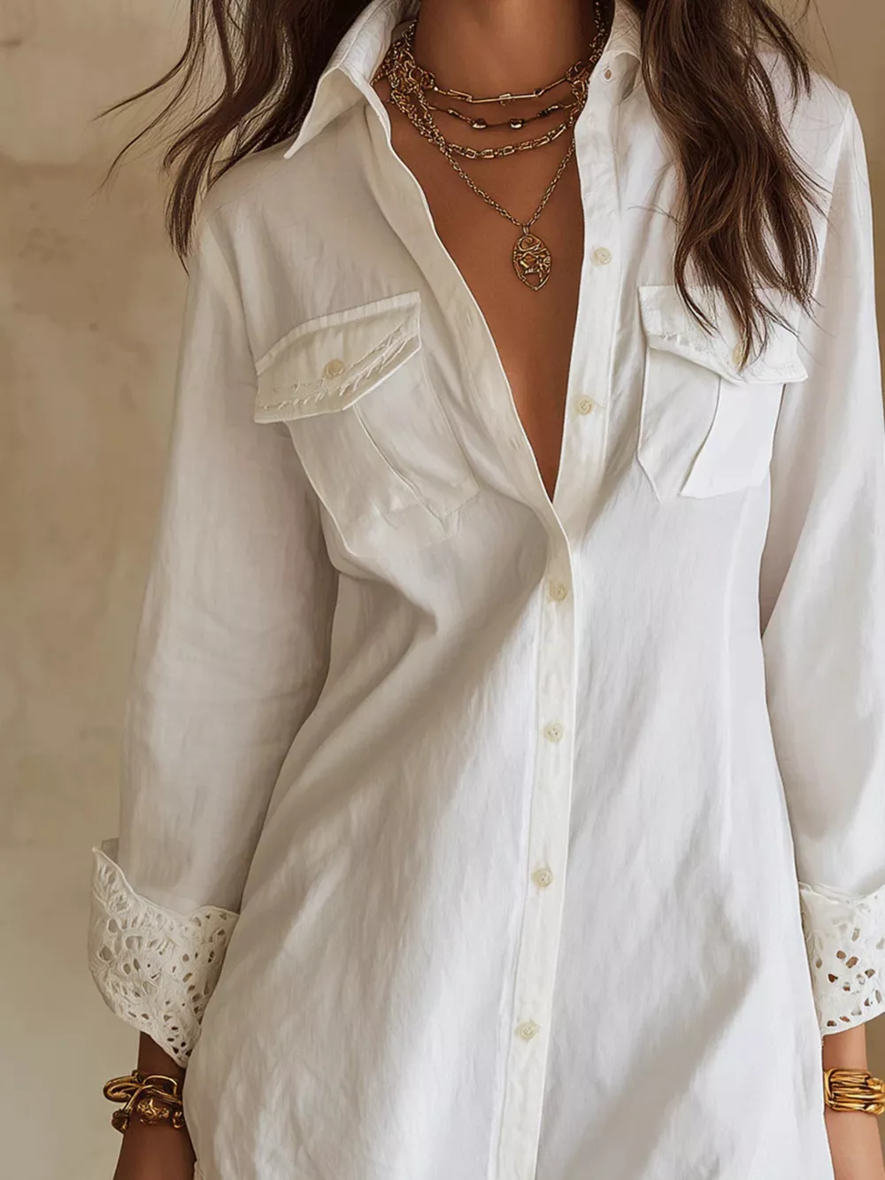 Button-Down Shirt Dress with Lace Trim, image 12