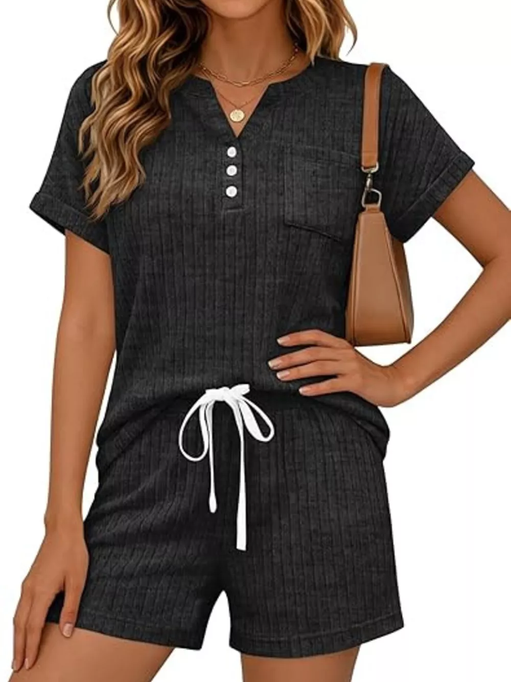 Casual Ribbed Knit Tee and Shorts Set, image 12