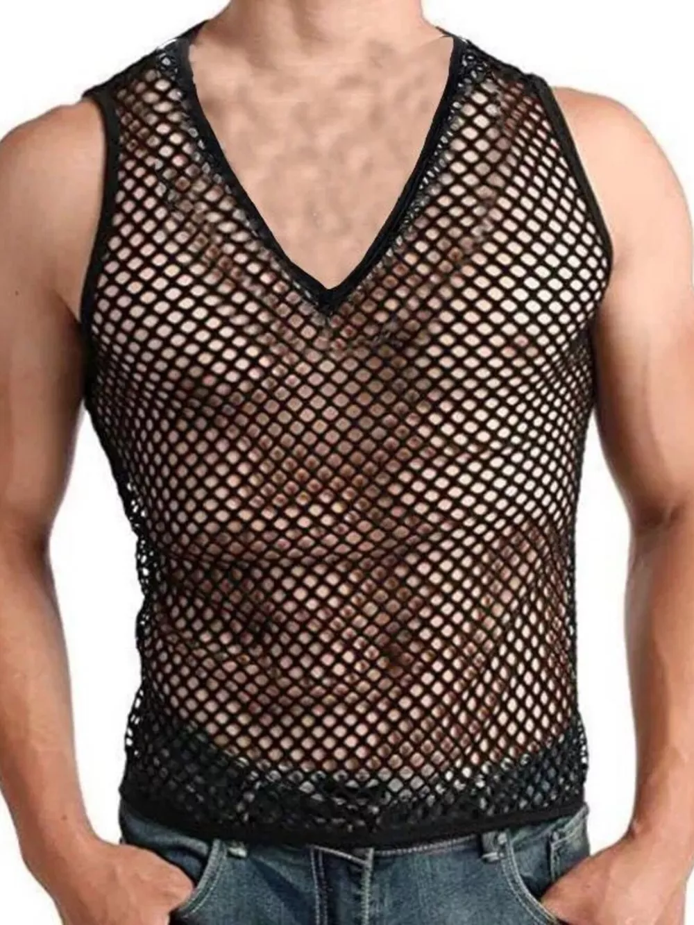 Men's Full Size V-Neck Mesh Fishnet Tank Top Plus Size, image 3