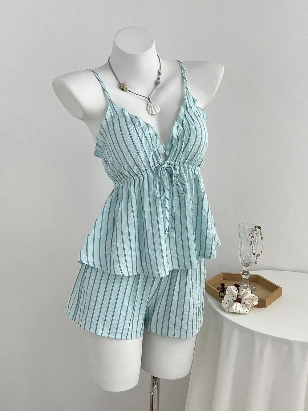 Tie Front Striped Cami and Shorts Set, image 4