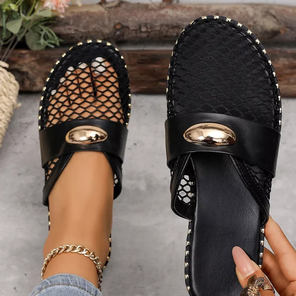 Mesh Hollow-Out Flat Sandals with Metallic Embellishment, image 9