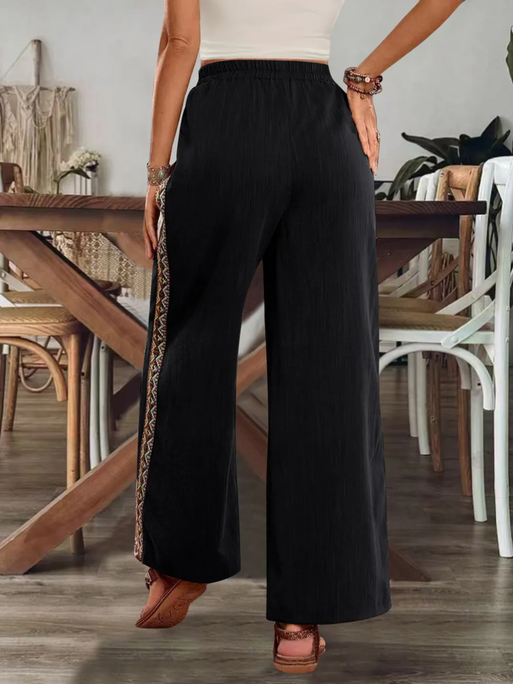 Bohemian Wide Leg Embroidered Side Stripe Pants, image 14