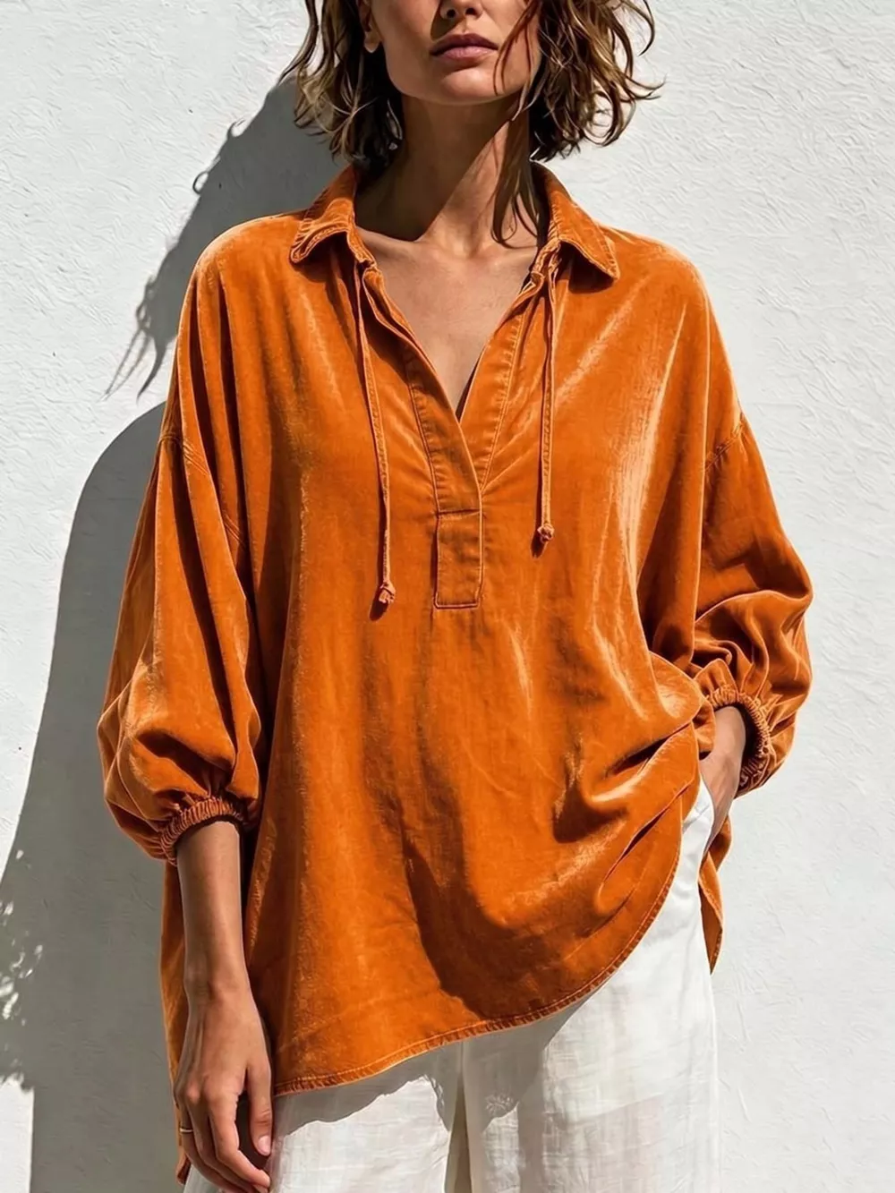Full Size Oversized Velvet Collared Neck Drawstring Blouse Plus Size