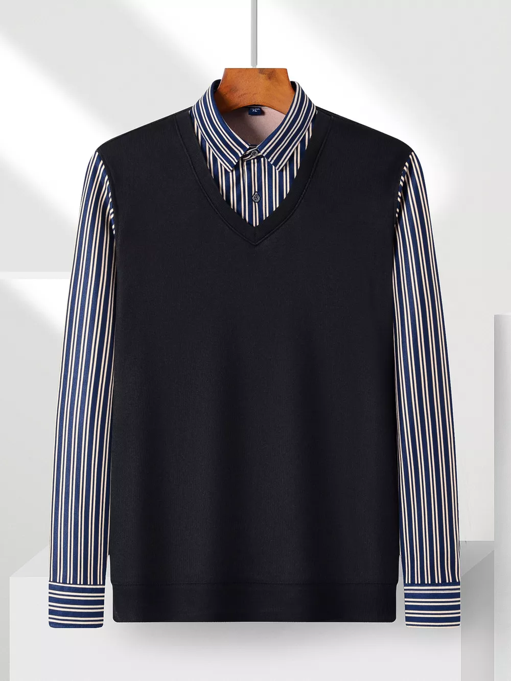 Men's Plus Size Striped Long Sleeve Fake Two-Piece Knit Top, image 6
