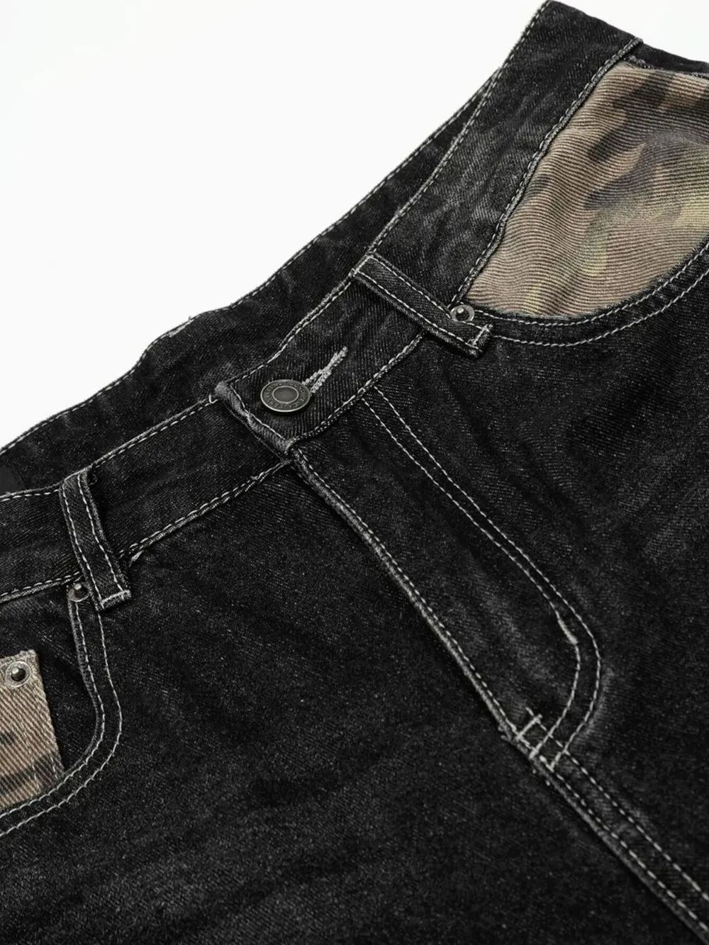 Men's Distressed Camo Panel Denim Shorts, image 7