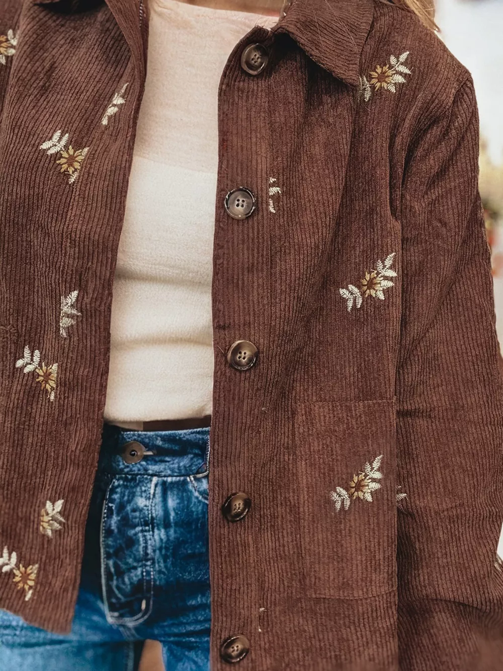 Floral Embroidered Collar Button Front Corduroy Jacket, image 5