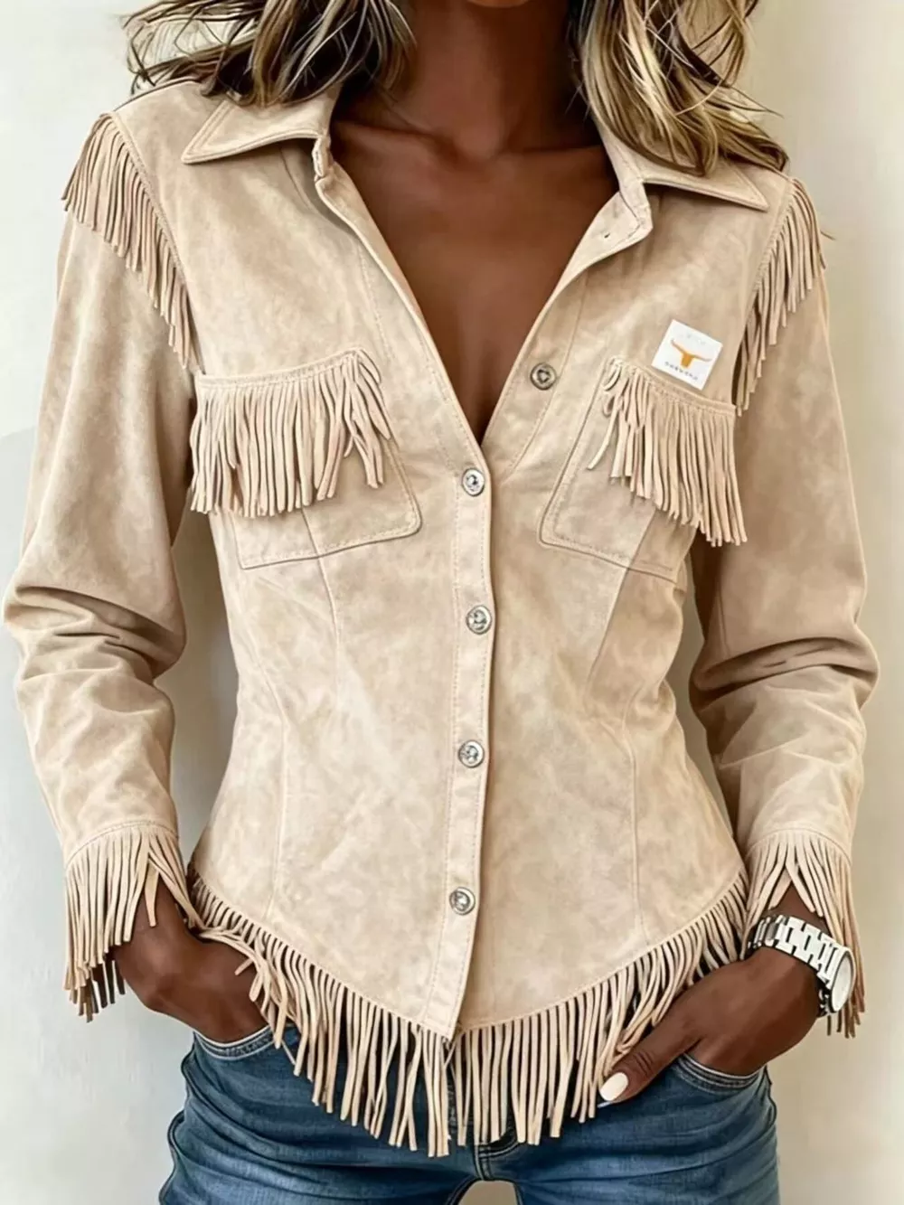 Full Size Fringed Snap Down Jacket Plus Size