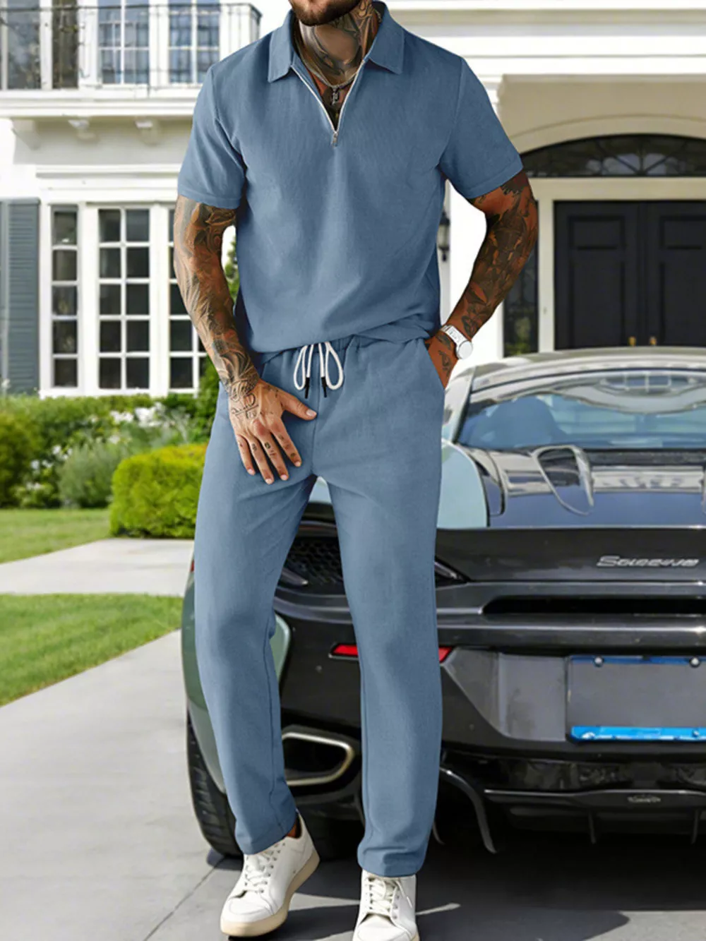 Men's Full Size Casual Zipper Polo Shirt and Drawstring Pants Set Plus Size, image 2